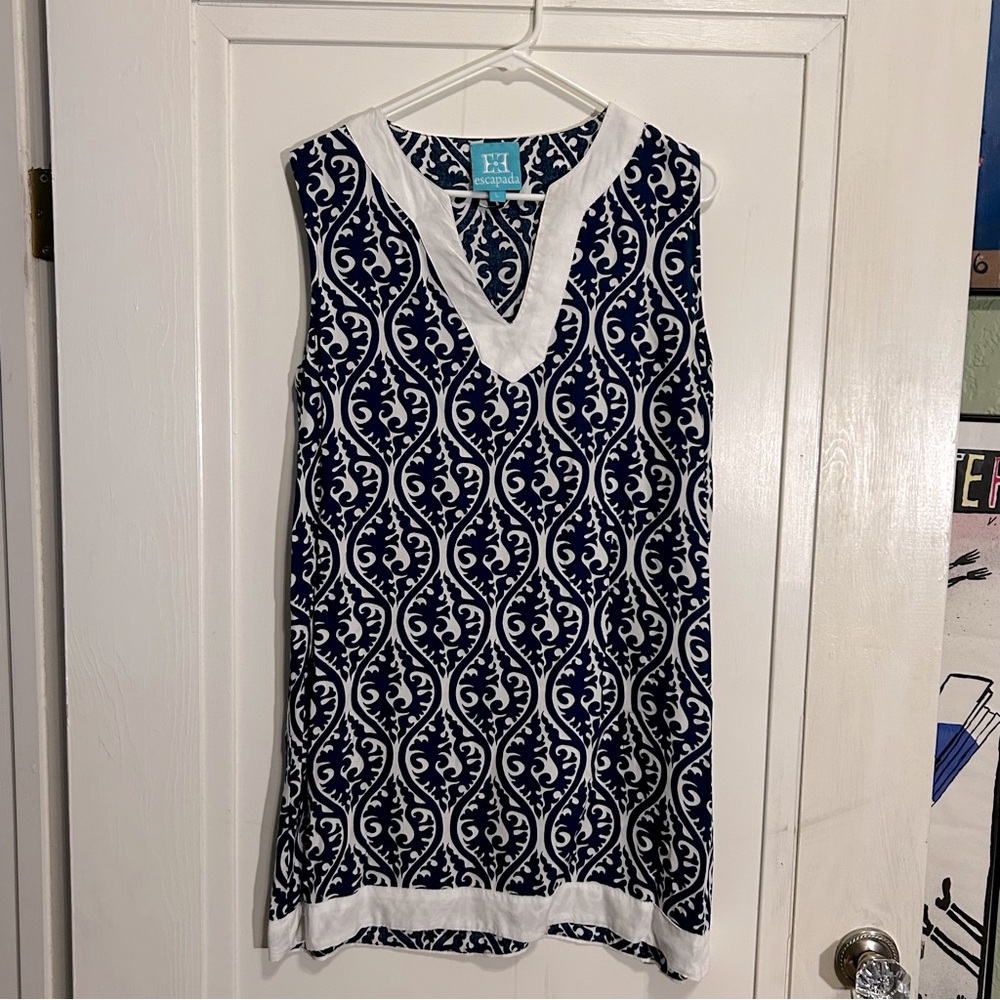 Escapada Living Sleeveless Top Tunic Womens Size Large Blue & White Pattern
